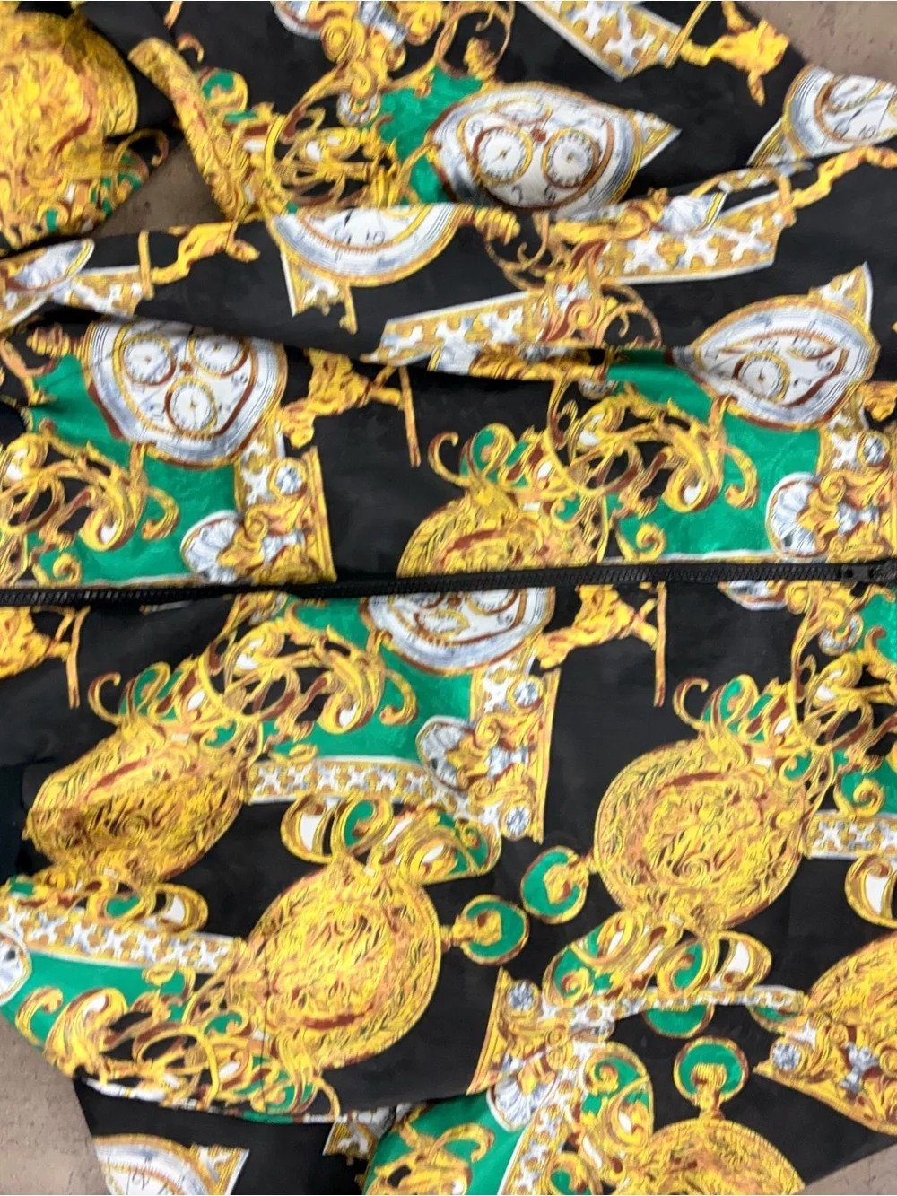 Vintage Black & Gold Baroque-Print Zip Jacket with Emerald Accents